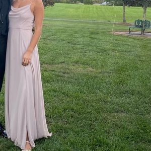 David’s bridal “cowl neck chiffon bridesmaid dress with slit” in biscotti.